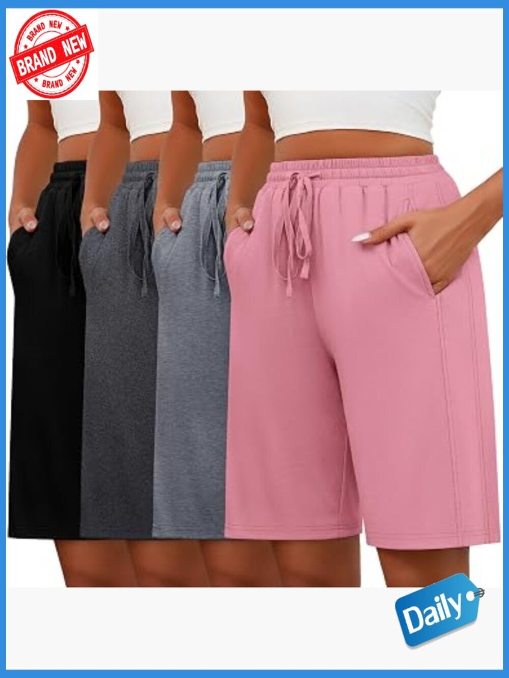 4 Pack Bermuda Shorts Women Elastic Waist Drawstring Sweat Casual Wide Leg
